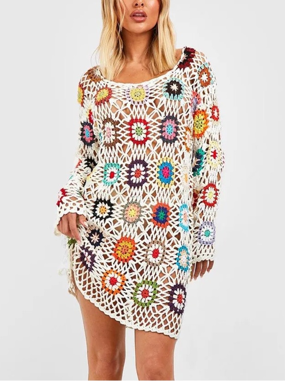 Nasty Gal White Crochet Cover-Up with Multicolor Floral Motifs